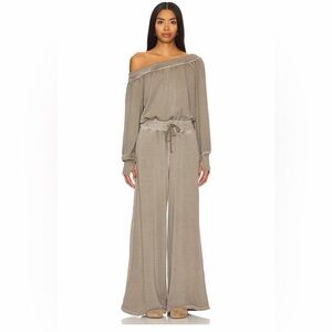 Free People Taupe Off-Shoulder Wide-Leg Jumpsuit